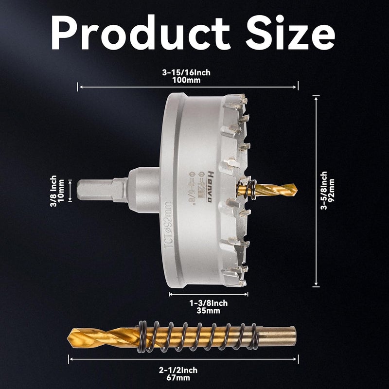 Henvo Hole Saw 3-5/8" (92mm) Heavy Duty Carbide with 2 Pilot Drill Bits - Metal Hole Cutter Cuts Stainless Steel, Iron, Copper, Brass, Plastic - Image 2